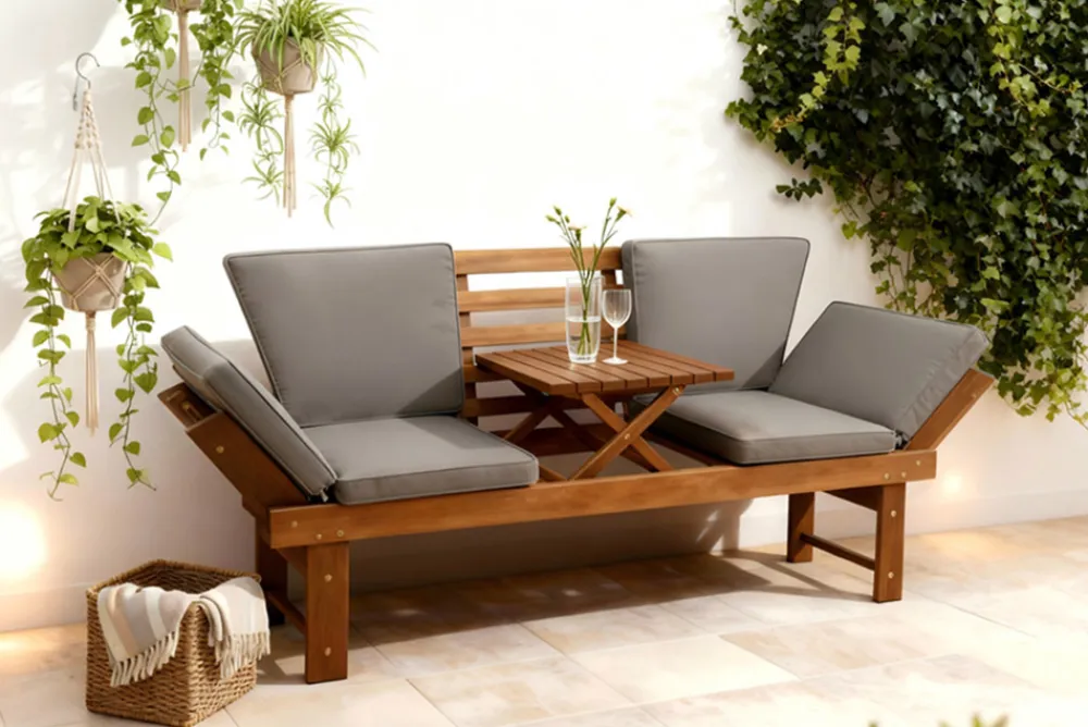 Riess-Ambiente Mehr...|Skandinavisch > Outdoor Garten Sitzbank MODULAR 200cm natur grau Akazie mit Tisch inkl. Kissen klappbar