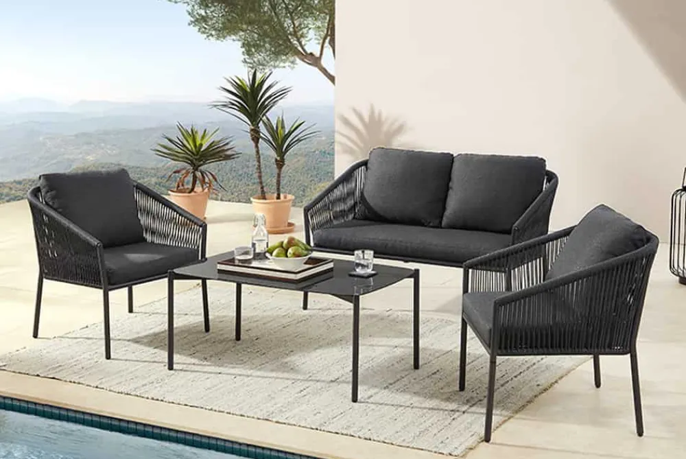 Riess-Ambiente Skandinavisch|Sitzgruppen > Outdoor Garten-Sitzgruppe AIRE ROPE anthrazit wetterfest inkl. Tisch und Kissen