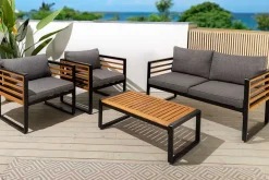 Riess-Ambiente Sitzgruppen > Outdoor Garten-Sitzgruppe PURE grau natur Akazie schwarz Metall inkl. Tisch Sitzpolster