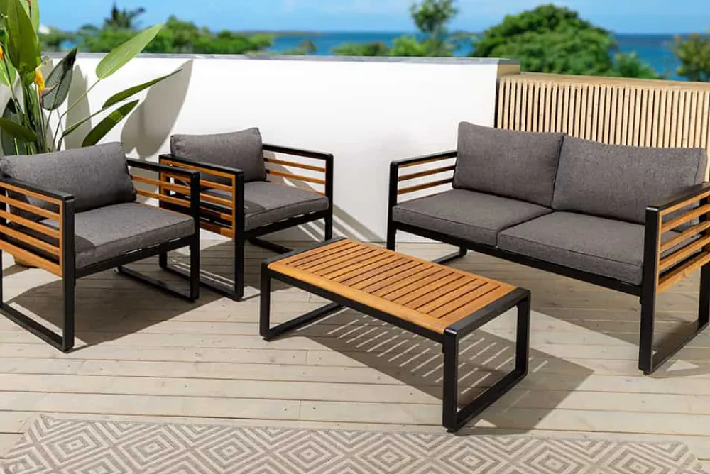 Riess-Ambiente Sitzgruppen > Outdoor Garten-Sitzgruppe PURE grau natur Akazie schwarz Metall inkl. Tisch Sitzpolster
