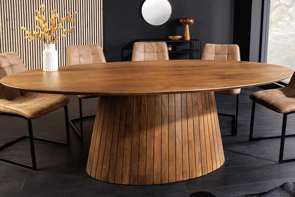 Riess-Ambiente Mehr...|Massivholzesstische > Ovaler Esstisch ART DECO 220cm braun smoked massives Mangoholz mit Säulenfuß