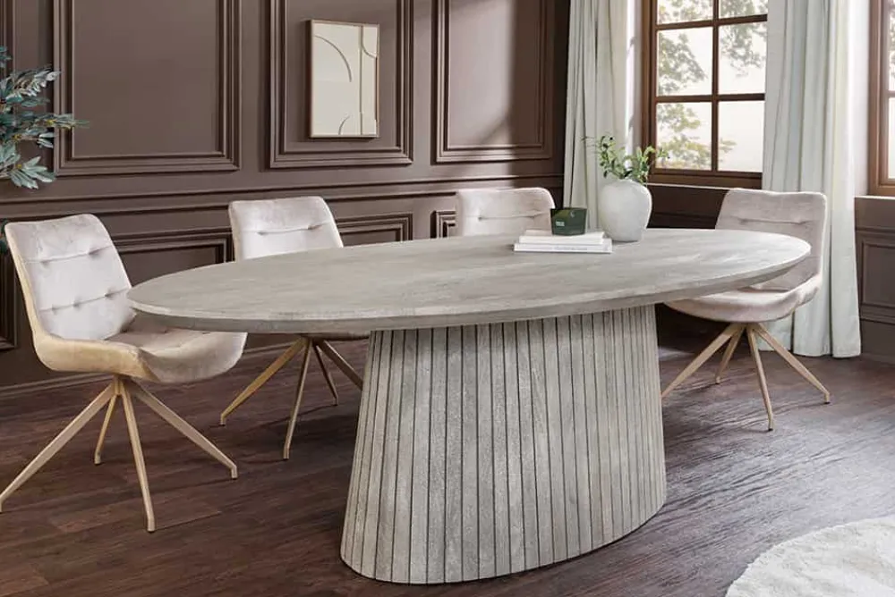 Riess-Ambiente Mehr...|Massivholzesstische > Ovaler Esstisch ART DECO 220cm smoke grau massives Mangoholz mit Säulenfuß