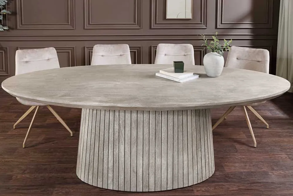 Riess-Ambiente Mehr...|Massivholzesstische > Ovaler Esstisch ART DECO 220cm smoke grau massives Mangoholz mit Säulenfuß