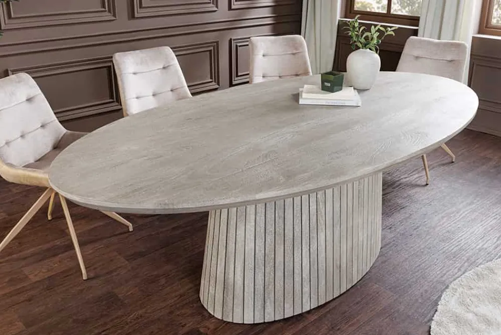 Riess-Ambiente Mehr...|Massivholzesstische > Ovaler Esstisch ART DECO 220cm smoke grau massives Mangoholz mit Säulenfuß