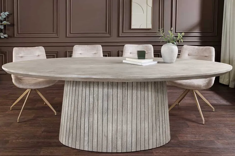 Riess-Ambiente Mehr...|Massivholzesstische > Ovaler Esstisch ART DECO 220cm smoke grau massives Mangoholz mit Säulenfuß