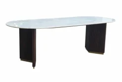Riess-Ambiente Mehr...|Massivholzesstische > Ovaler Esstisch GATSBY 240cm braun gold Mangoholz weiße Marmorplatte V-Gestell