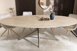 Riess-Ambiente Esstische > Ovaler Esstisch SCULPTURE 220cm natur Travertin Keramik champagner greige Metall