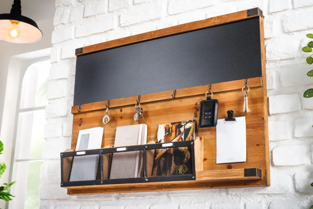 Riess-Ambiente Mehr...|Wandregale > Praktisches Wandboard HERITAGE 80cm natur Pinie 6 Haken Kreidetafel Schlüsselbrett