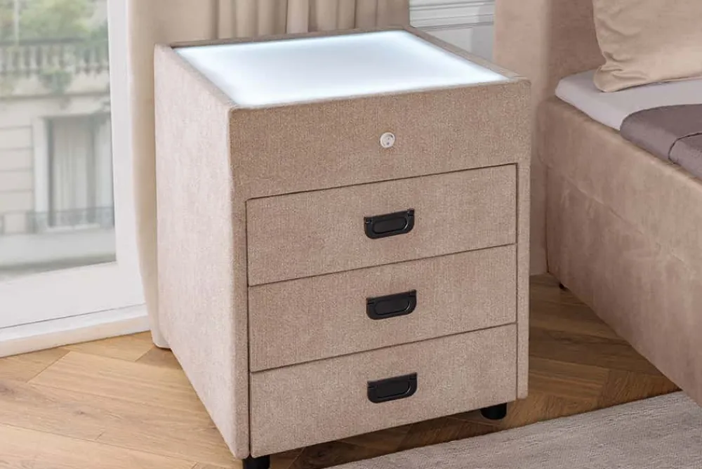 Riess-Ambiente Samt Möbel|Retro Möbel > Quadratischer Nachttisch TOULOUSE 55cm beige Samt inkl. Beleuchtung und Schubladen
