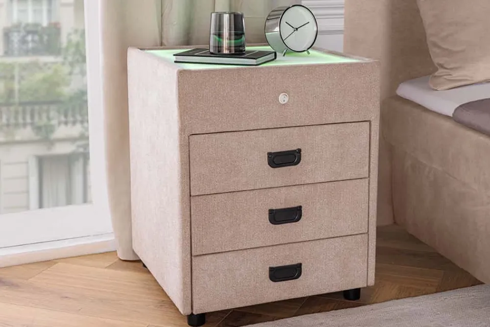 Riess-Ambiente Samt Möbel|Retro Möbel > Quadratischer Nachttisch TOULOUSE 55cm beige Samt inkl. Beleuchtung und Schubladen