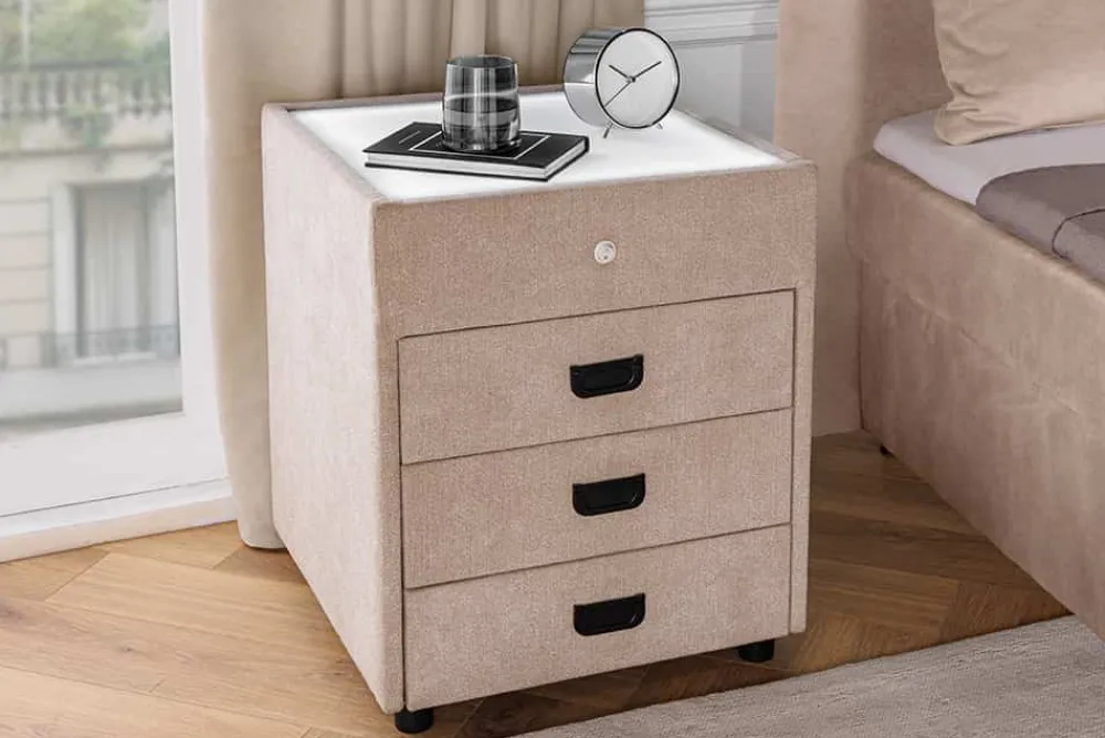 Riess-Ambiente Samt Möbel|Retro Möbel > Quadratischer Nachttisch TOULOUSE 55cm beige Samt inkl. Beleuchtung und Schubladen