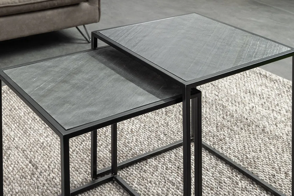 Riess-Ambiente Beistelltische|Industrial Loft > Quadratisches 2er Set Beistelltische MOUNTAIN SOUL 60cm schwarz Naturstein Metall