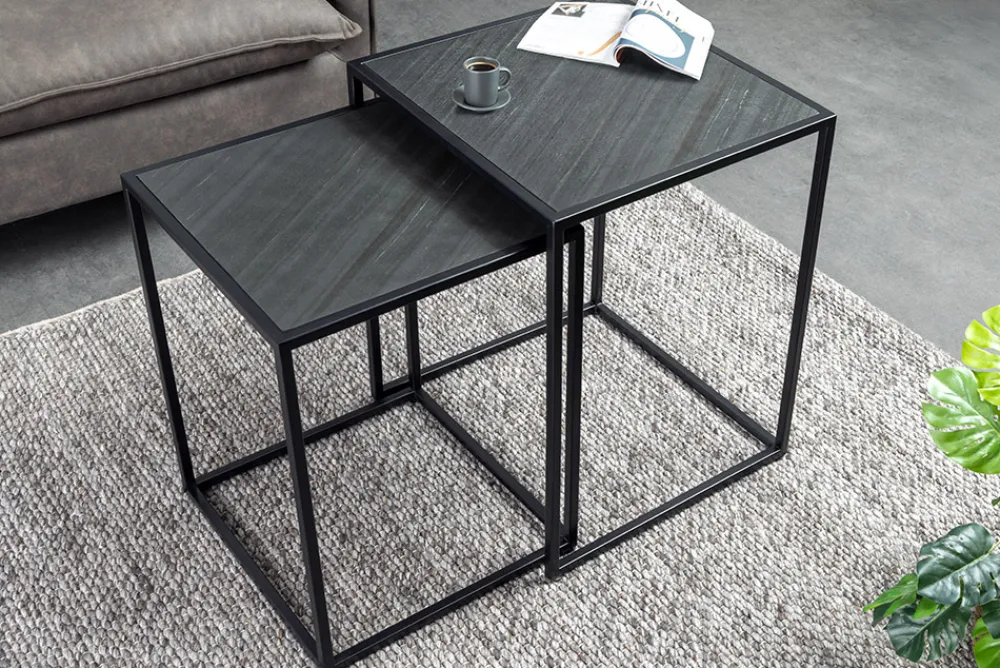 Riess-Ambiente Beistelltische|Industrial Loft > Quadratisches 2er Set Beistelltische MOUNTAIN SOUL 60cm schwarz Naturstein Metall