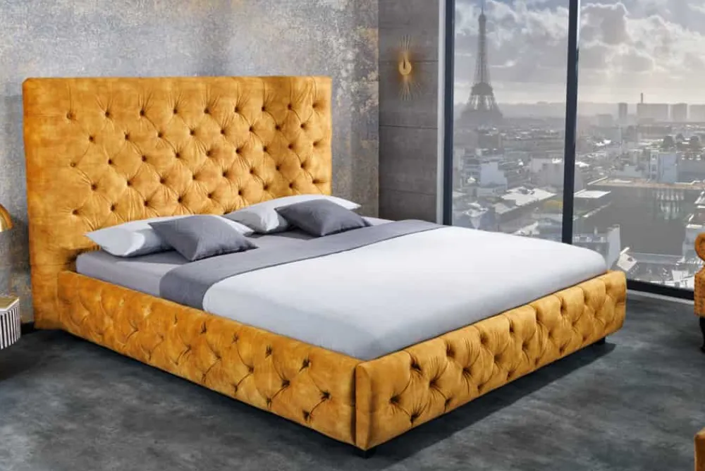 Riess-Ambiente Polsterbetten|Samt Möbel > Queensize Doppelbett PARIS 160x200cm senfgelb Samt Chesterfield Design