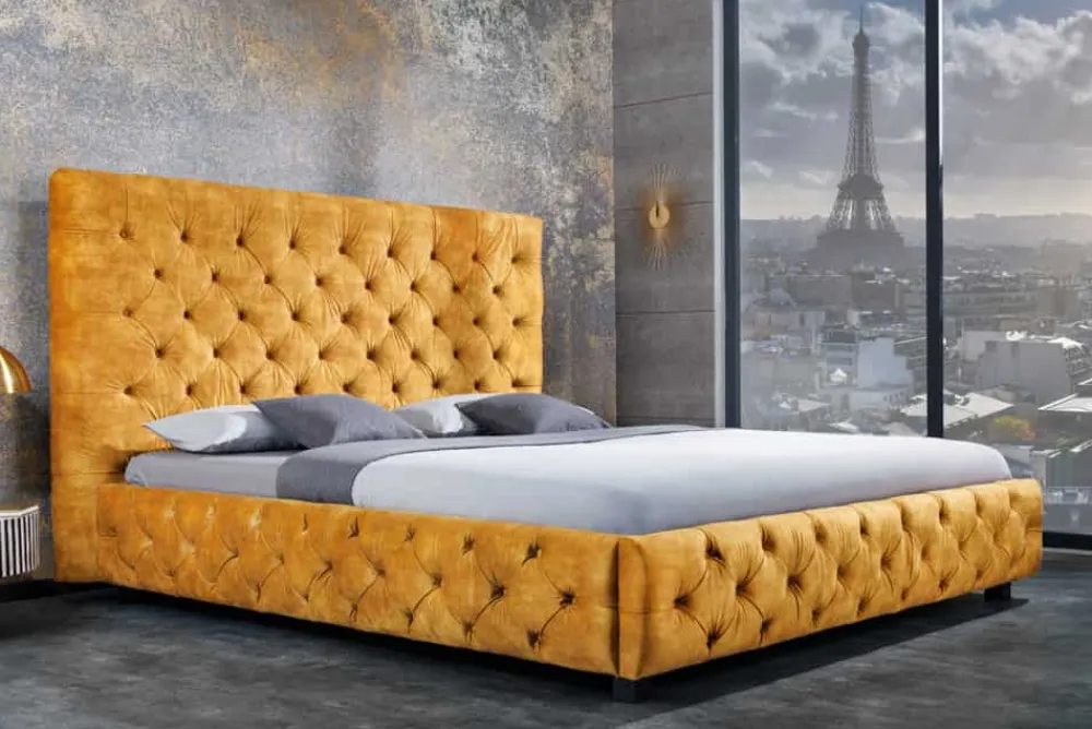 Riess-Ambiente Polsterbetten|Samt Möbel > Queensize Doppelbett PARIS 160x200cm senfgelb Samt Chesterfield Design