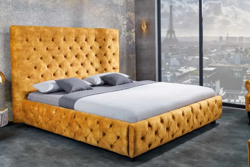 Riess-Ambiente Polsterbetten|Samt Möbel > Queensize Doppelbett PARIS 160x200cm senfgelb Samt Chesterfield Design