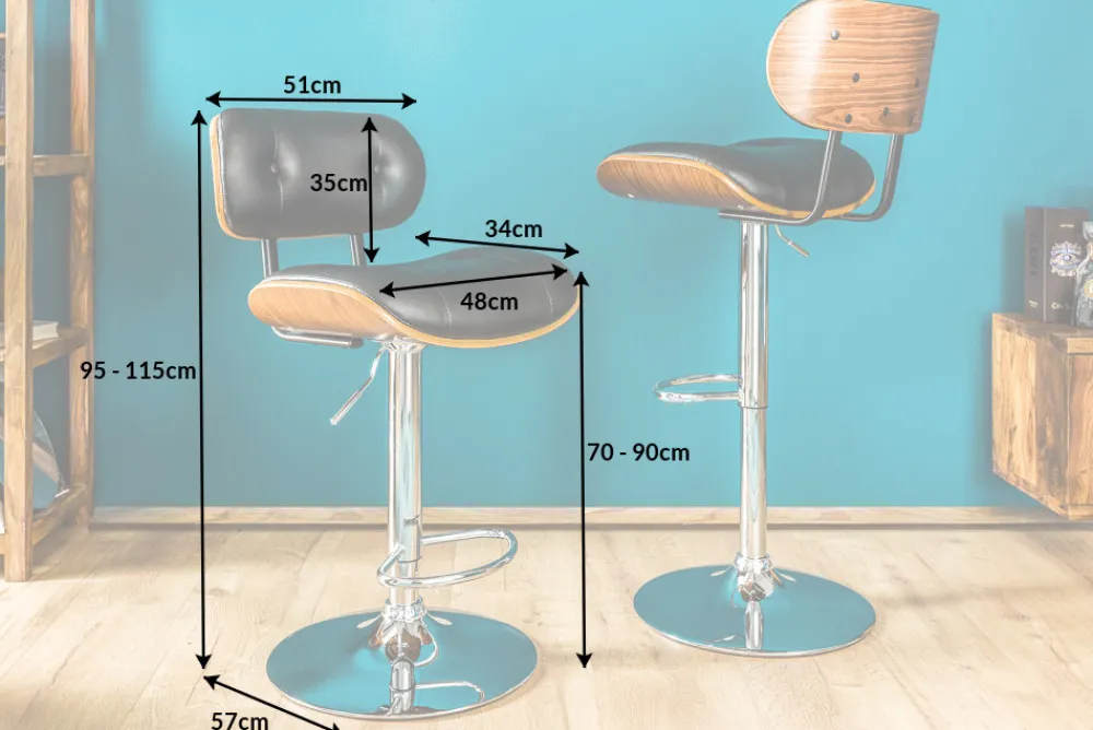 Riess-Ambiente Retro Möbel|Barhocker > Retro Barhocker CLASSICO schwarz 115cm höhenverstellbar mit Lehne Walnussholz-Design