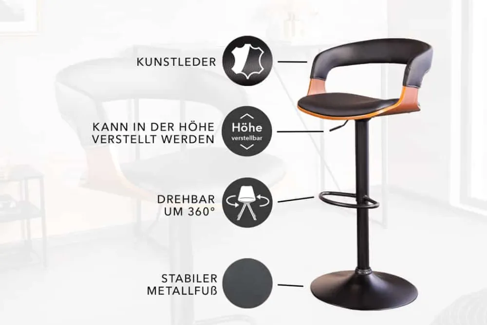 Riess-Ambiente Retro Möbel|Barhocker > Retro Barhocker MANHATTAN schwarz Kunstleder Walnussholz drehbar höhenverstellbar
