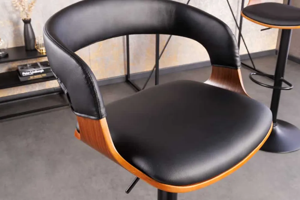 Riess-Ambiente Retro Möbel|Barhocker > Retro Barhocker MANHATTAN schwarz Kunstleder Walnussholz drehbar höhenverstellbar