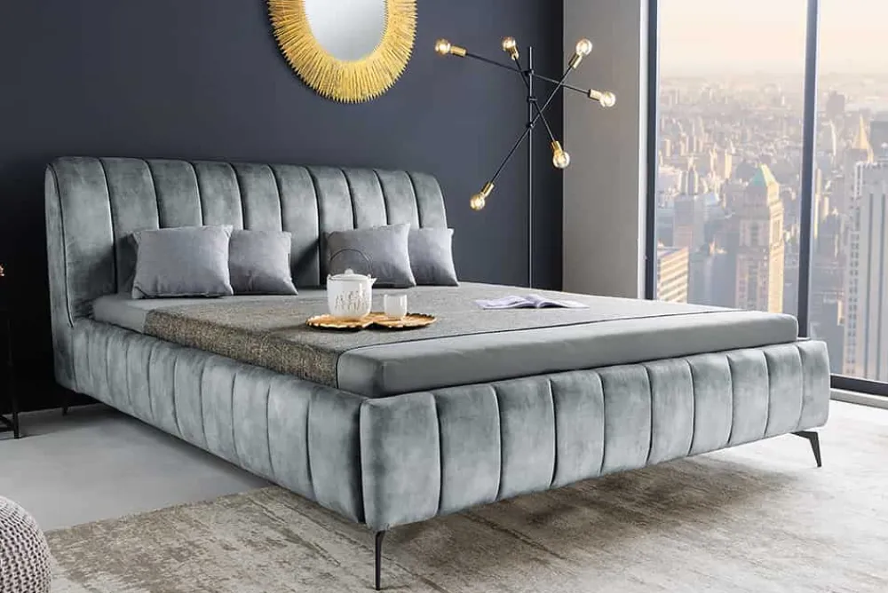 Riess-Ambiente Skandinavisch|Polsterbetten > Retro Bett AMSTERDAM 180x200cm grau Samt schwarz Metall Polsterbett