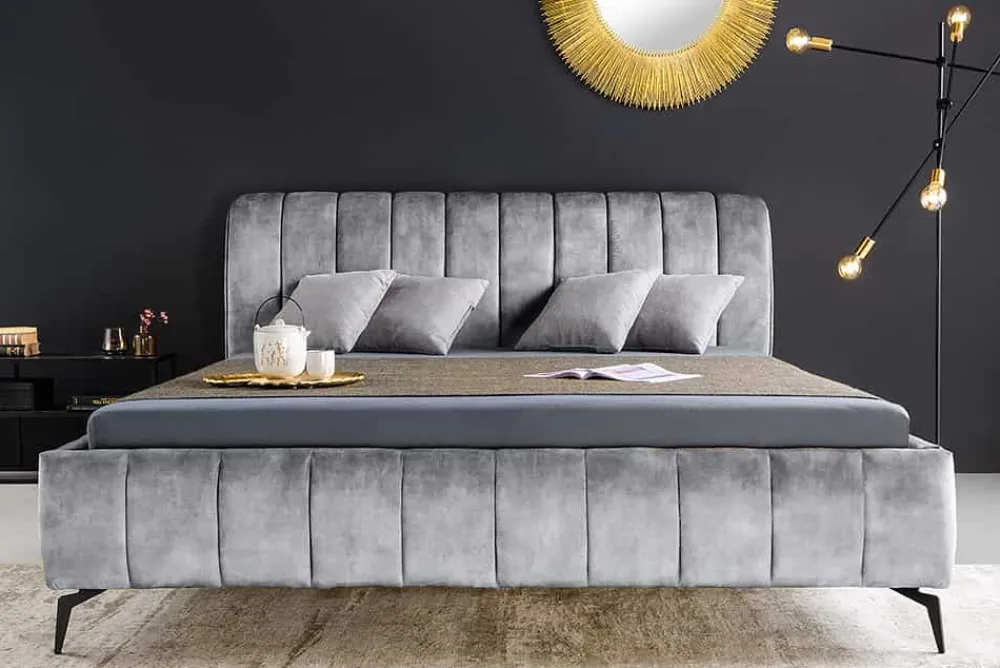 Riess-Ambiente Skandinavisch|Polsterbetten > Retro Bett AMSTERDAM 180x200cm grau Samt schwarz Metall Polsterbett