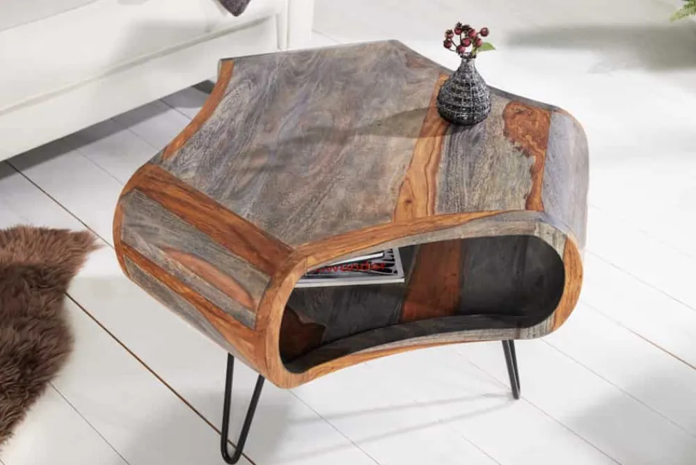Riess-Ambiente Couchtische & Truhen|Mehr... > Retro Couchtisch ORGANIC LIVING 70cm grau Sheesham Massivholz mit Stauraum Hairpin Legs