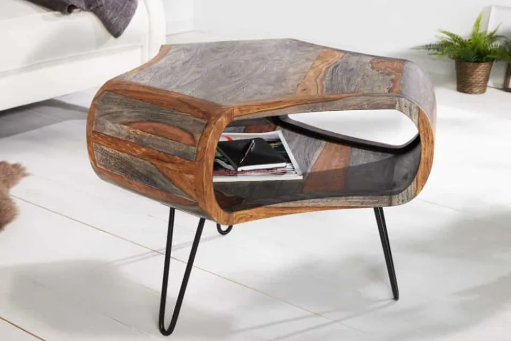 Riess-Ambiente Couchtische & Truhen|Mehr... > Retro Couchtisch ORGANIC LIVING 70cm grau Sheesham Massivholz mit Stauraum Hairpin Legs