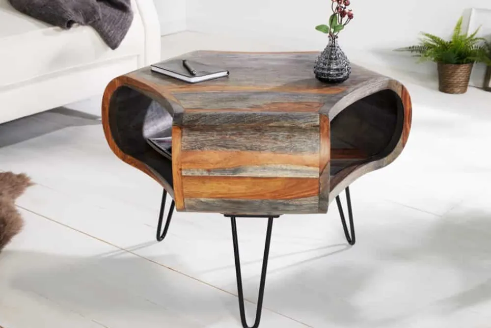 Riess-Ambiente Couchtische & Truhen|Mehr... > Retro Couchtisch ORGANIC LIVING 70cm grau Sheesham Massivholz mit Stauraum Hairpin Legs