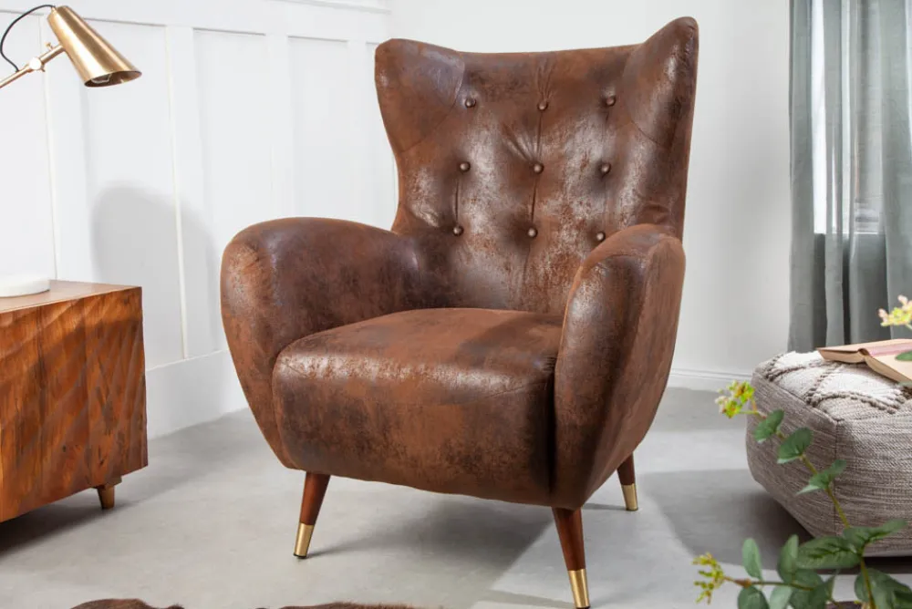 Riess-Ambiente Sessel|Retro Möbel > Retro Design Sessel DON antik braun goldene Fußkappen mit Federkern