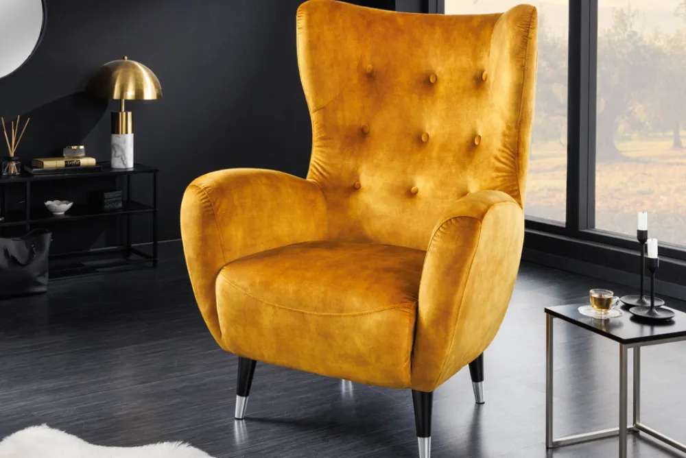 Riess-Ambiente Loungesessel|Sessel > Retro Design Sessel DON senfgelb Samt Federkern silberne Fußkappen