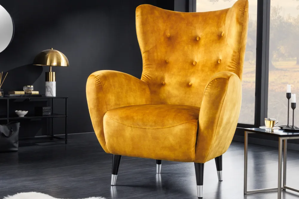 Riess-Ambiente Loungesessel|Sessel > Retro Design Sessel DON senfgelb Samt Federkern silberne Fußkappen