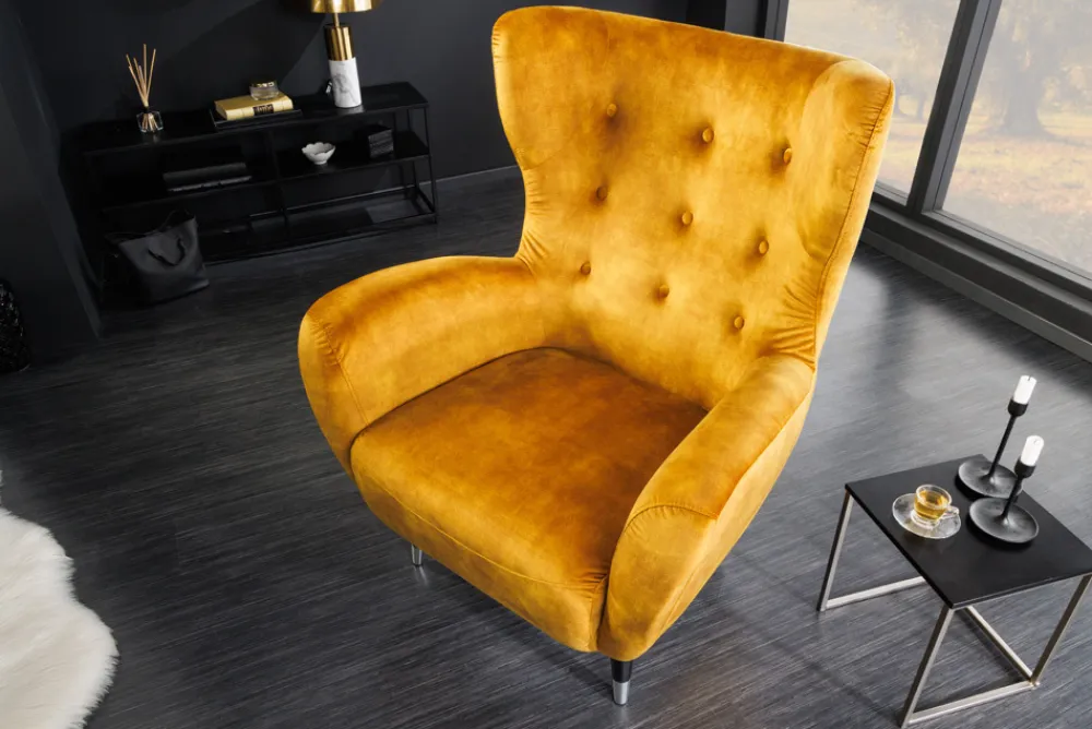 Riess-Ambiente Loungesessel|Sessel > Retro Design Sessel DON senfgelb Samt Federkern silberne Fußkappen