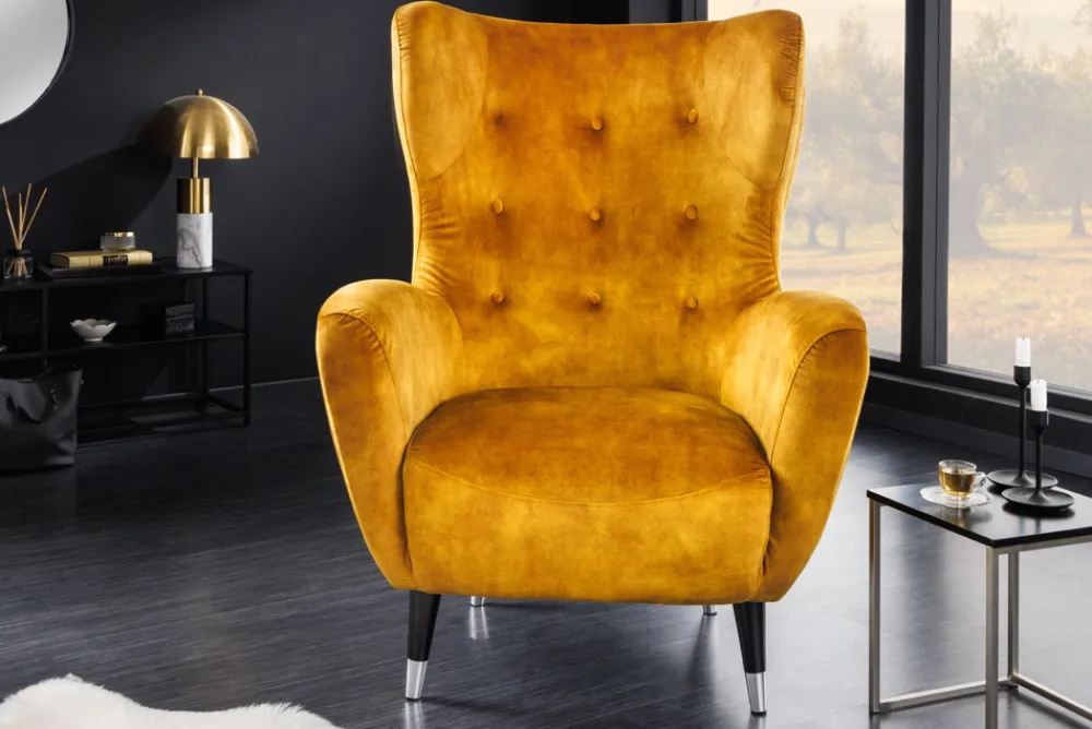 Riess-Ambiente Loungesessel|Sessel > Retro Design Sessel DON senfgelb Samt Federkern silberne Fußkappen