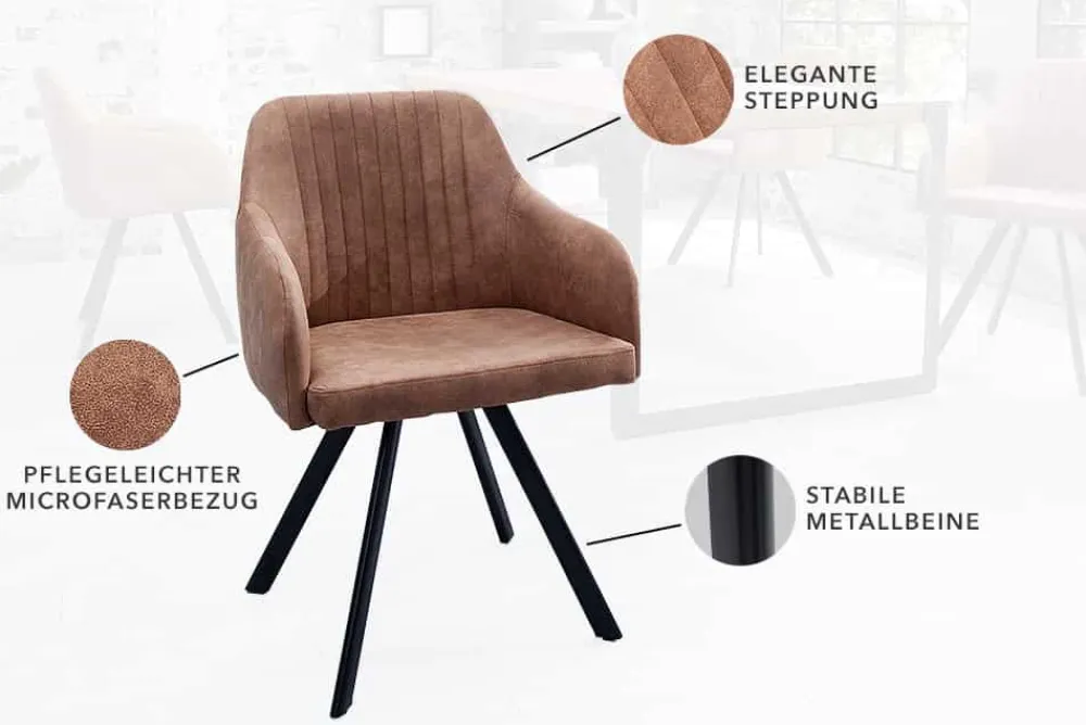 Riess-Ambiente Retro Möbel|Industrial Loft > Retro Design Stuhl LUCCA vintage braun Microfaser mit Armlehne Steppung gepolstert