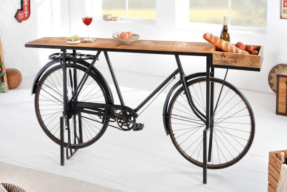 Riess-Ambiente Mehr...|Massivholztische > Retro Konsolentisch BICYCLE 195cm Mangoholz Fahrrad Bartisch Upcycling