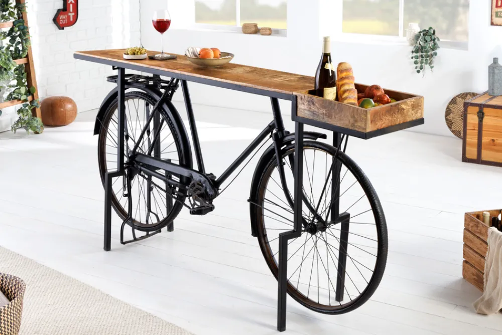 Riess-Ambiente Mehr...|Massivholztische > Retro Konsolentisch BICYCLE 195cm Mangoholz Fahrrad Bartisch Upcycling