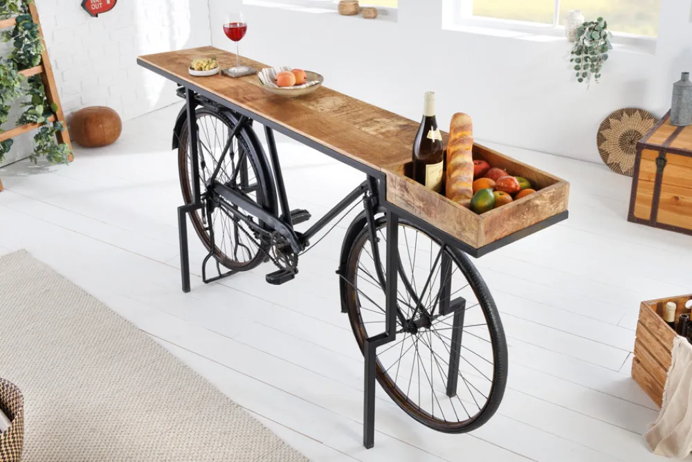 Riess-Ambiente Mehr...|Massivholztische > Retro Konsolentisch BICYCLE 195cm Mangoholz Fahrrad Bartisch Upcycling
