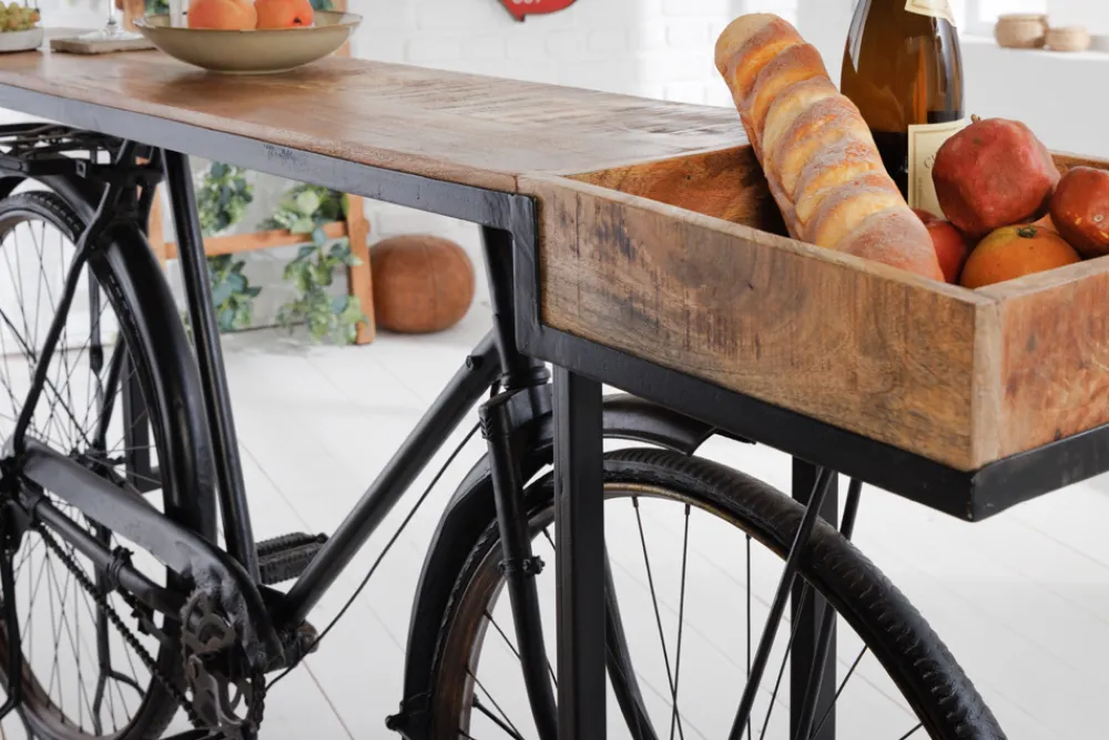 Riess-Ambiente Mehr...|Massivholztische > Retro Konsolentisch BICYCLE 195cm Mangoholz Fahrrad Bartisch Upcycling