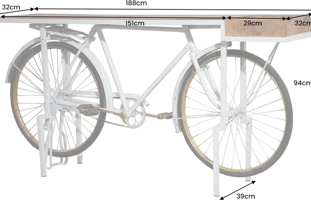 Riess-Ambiente Mehr...|Massivholztische > Retro Konsolentisch BICYCLE 190cm salbei natur Mangoholz Fahrrad Bartisch Upcycling