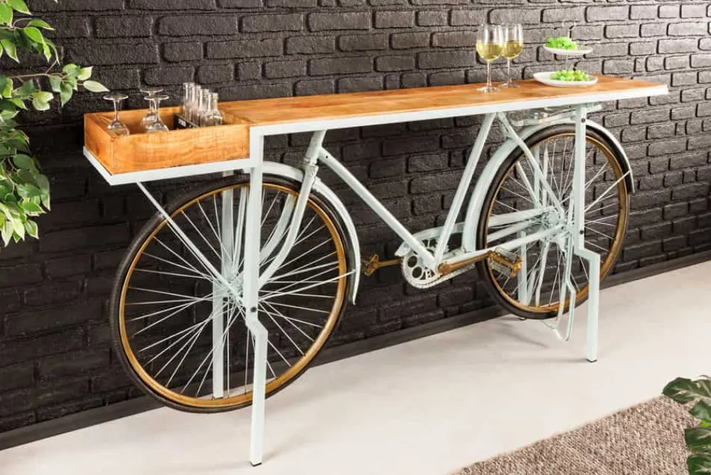 Riess-Ambiente Mehr...|Massivholztische > Retro Konsolentisch BICYCLE 190cm salbei natur Mangoholz Fahrrad Bartisch Upcycling