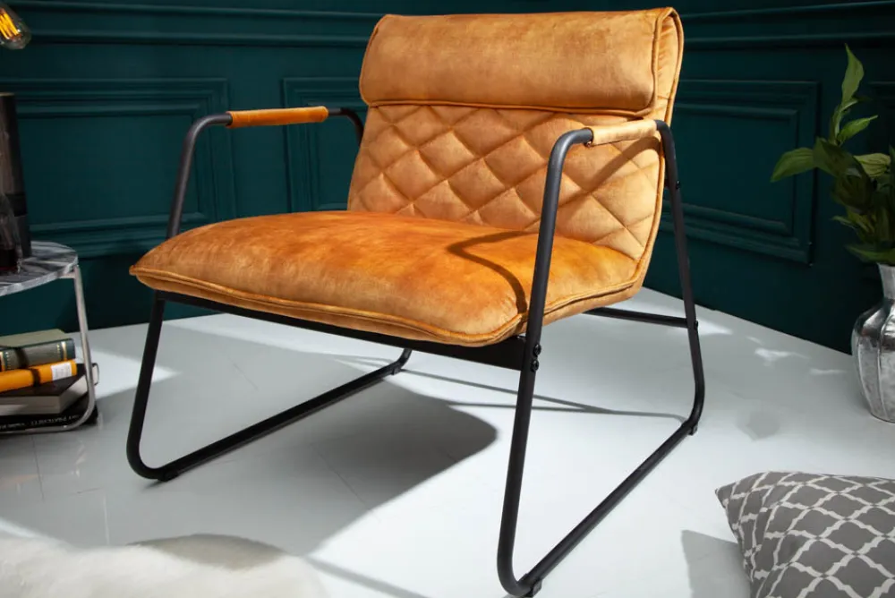 Riess-Ambiente Loungesessel|Retro Möbel > Retro Lounge Sessel MUSTANG LOUNGER senfgelb Samt mit Ziersteppung