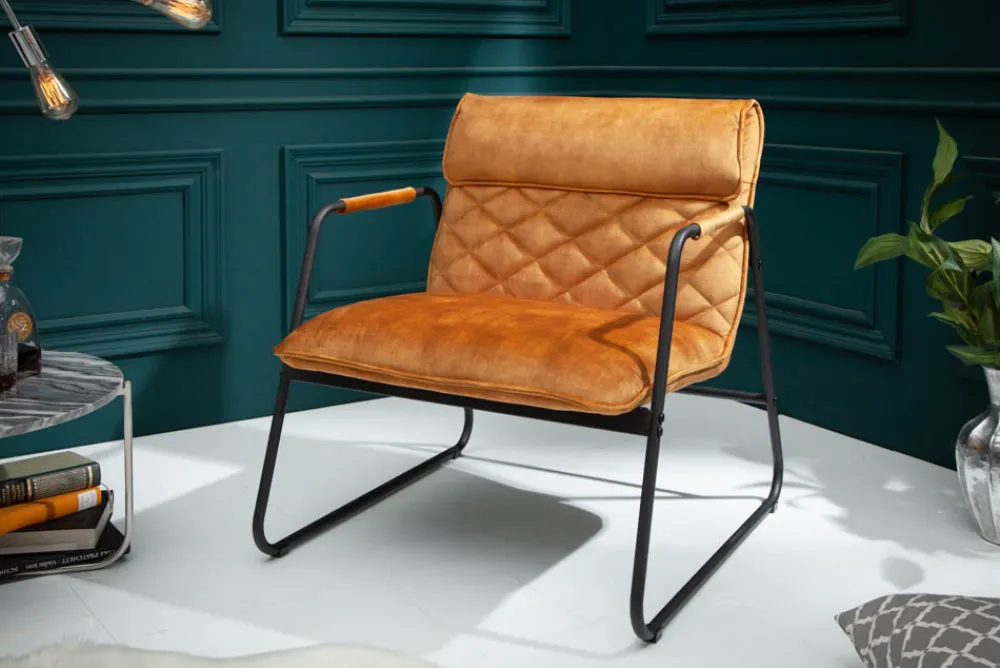 Riess-Ambiente Loungesessel|Retro Möbel > Retro Lounge Sessel MUSTANG LOUNGER senfgelb Samt mit Ziersteppung