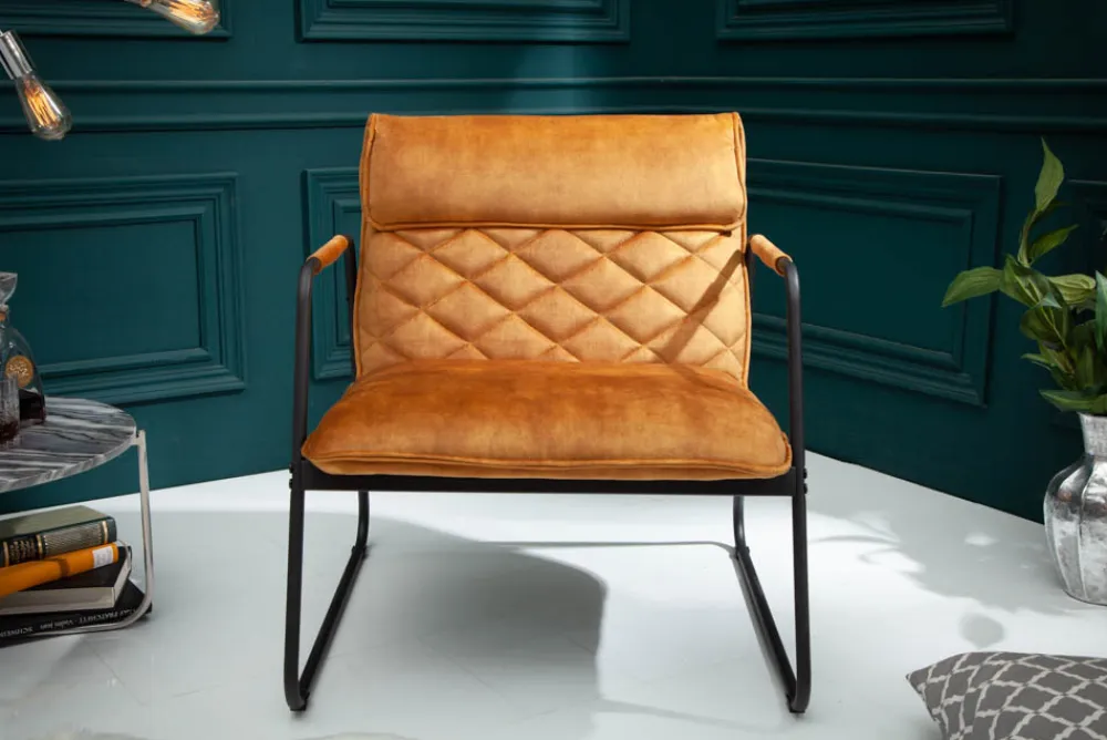 Riess-Ambiente Loungesessel|Retro Möbel > Retro Lounge Sessel MUSTANG LOUNGER senfgelb Samt mit Ziersteppung