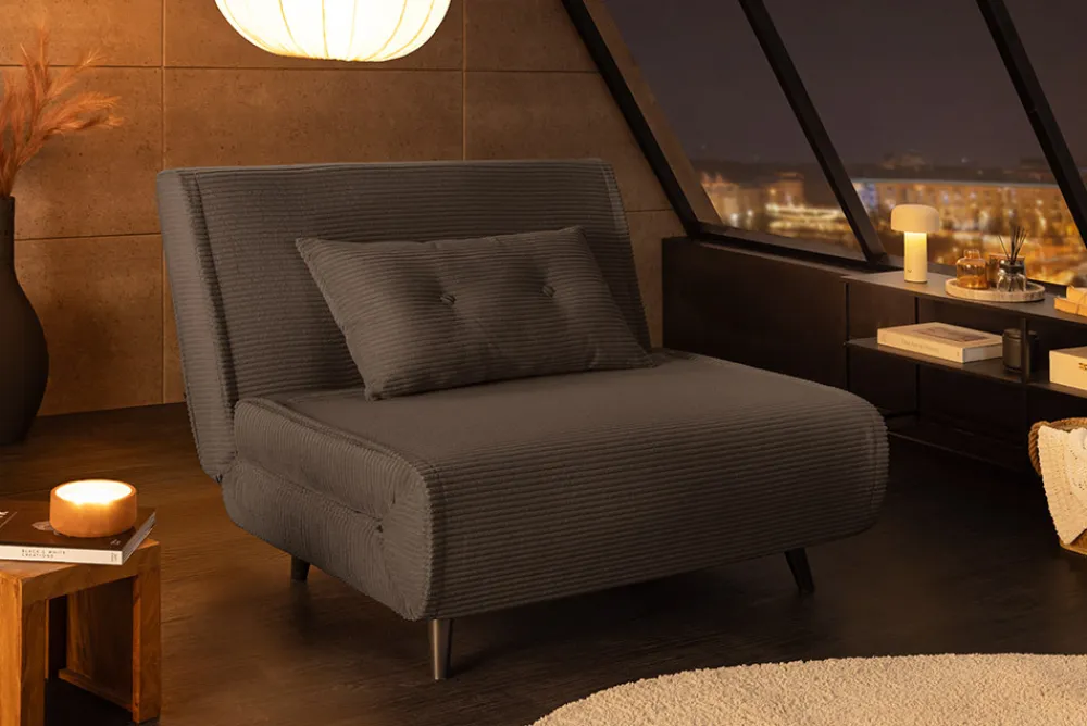 Riess-Ambiente Sessel|Retro Möbel > Retro Schlafsessel SMART MULTIFUNCTION 100cm grau Cord Bettfunktion inkl. Kissen