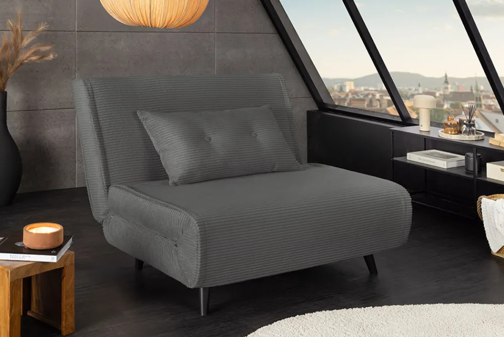 Riess-Ambiente Sessel|Retro Möbel > Retro Schlafsessel SMART MULTIFUNCTION 100cm grau Cord Bettfunktion inkl. Kissen