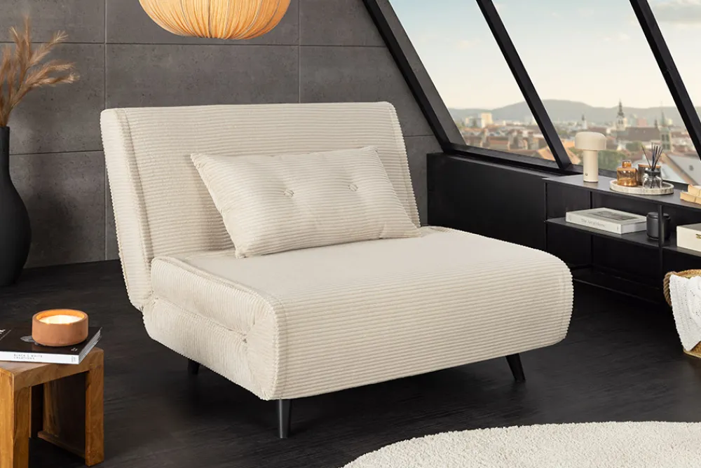 Riess-Ambiente Sessel|Retro Möbel > Retro Schlafsessel SMART MULTIFUNCTION 100cm beige Cord Bettfunktion inkl. Kissen