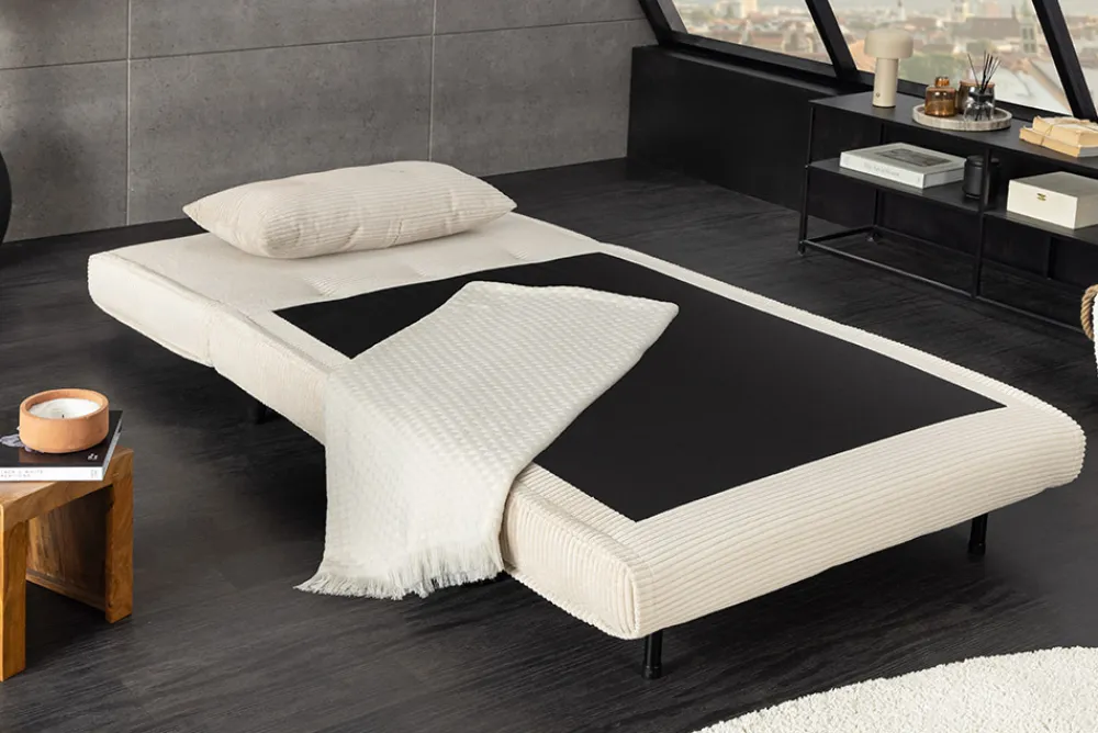 Riess-Ambiente Sessel|Retro Möbel > Retro Schlafsessel SMART MULTIFUNCTION 100cm beige Cord Bettfunktion inkl. Kissen