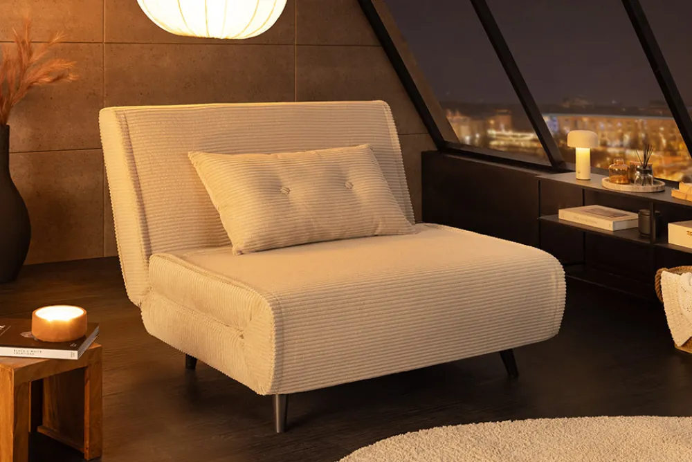 Riess-Ambiente Sessel|Retro Möbel > Retro Schlafsessel SMART MULTIFUNCTION 100cm beige Cord Bettfunktion inkl. Kissen