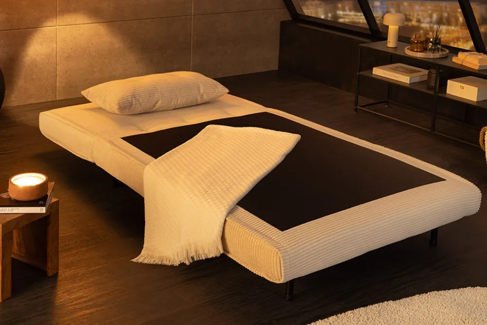 Riess-Ambiente Sessel|Retro Möbel > Retro Schlafsessel SMART MULTIFUNCTION 100cm beige Cord Bettfunktion inkl. Kissen