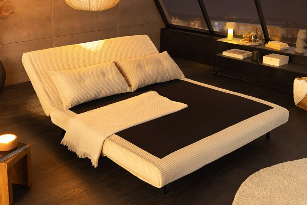 Riess-Ambiente Sessel|Retro Möbel > Retro Schlafsessel SMART MULTIFUNCTION 140cm beige Cord Bettfunktion inkl. Kissen